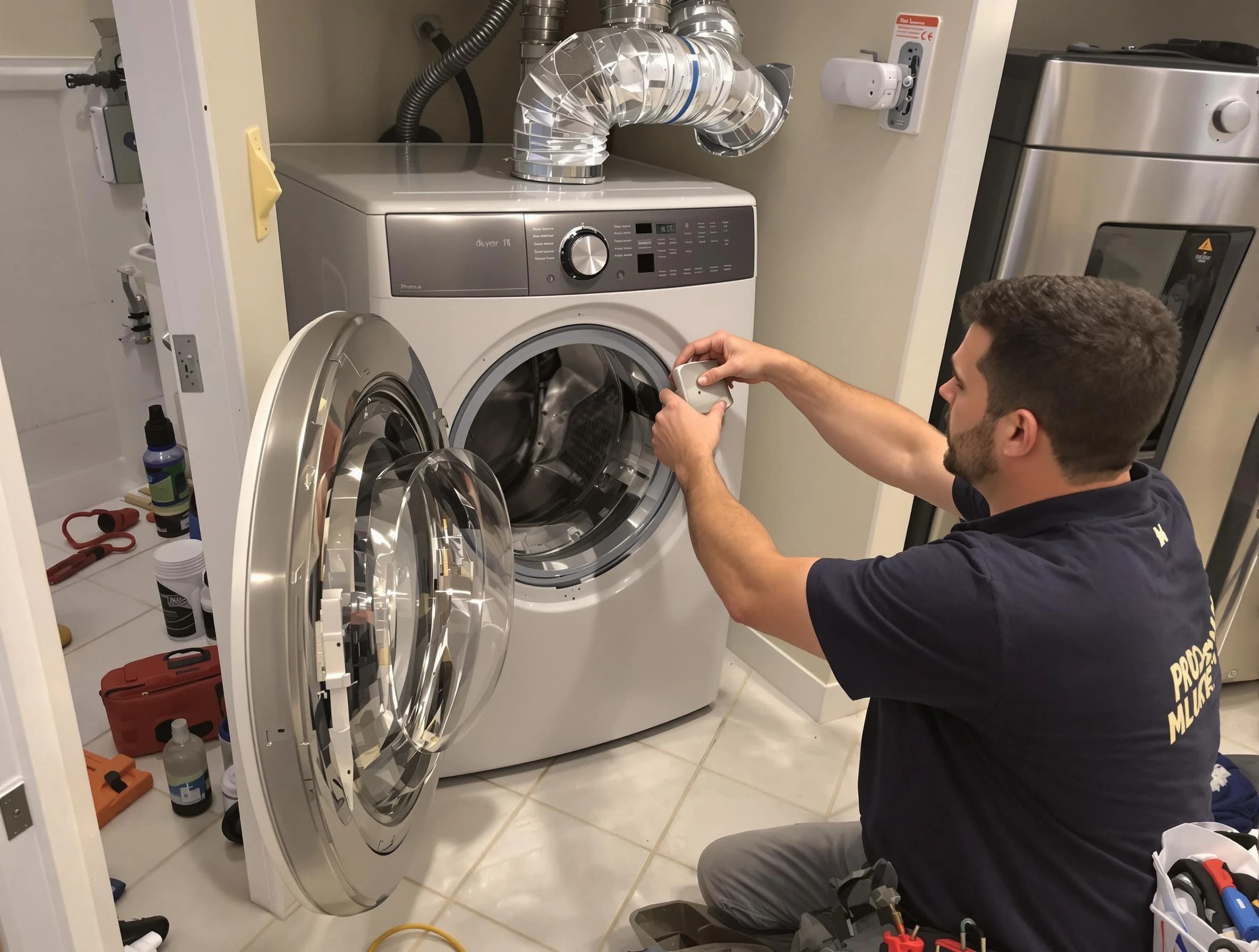 Shrewsbury Dryer Vent Cleaning technician performing precise dryer vent hose installation in Shrewsbury