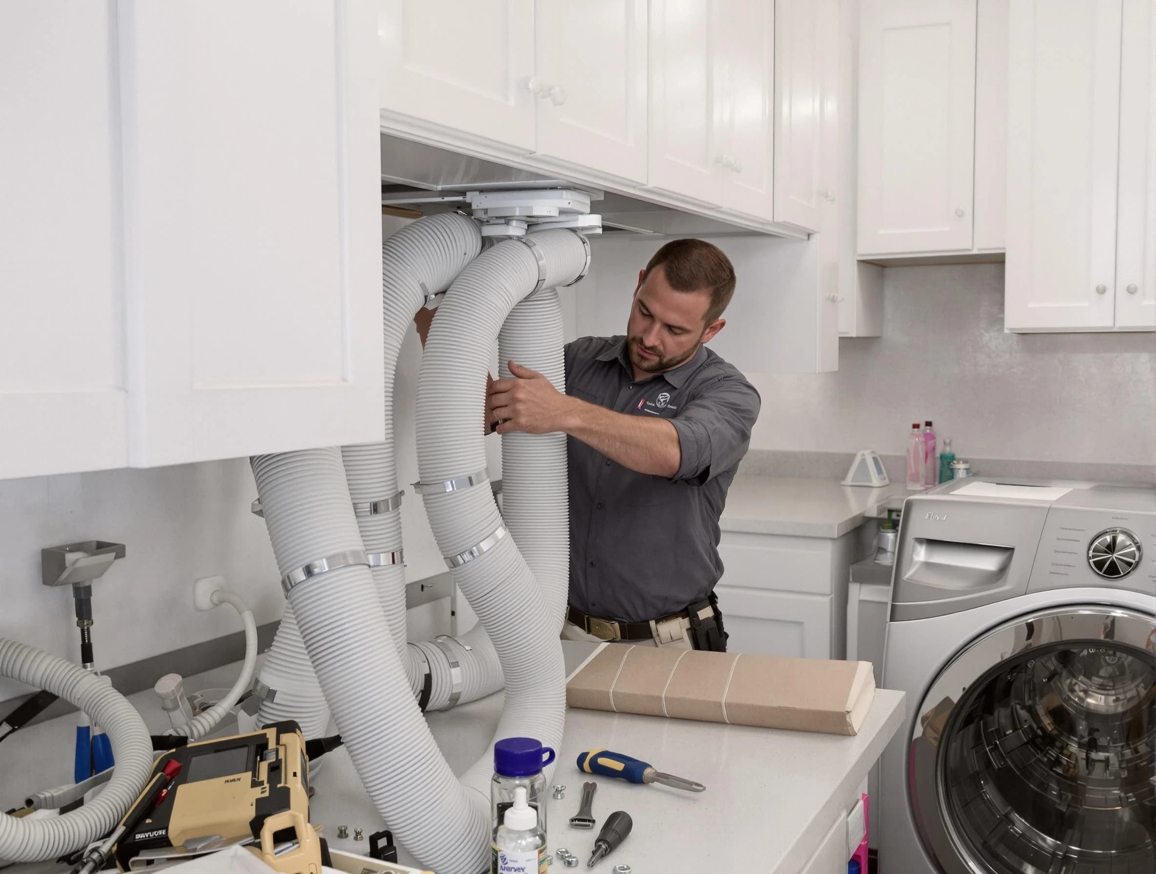 Shrewsbury Dryer Vent Cleaning technician installing a new professional-grade dryer vent hose in Shrewsbury