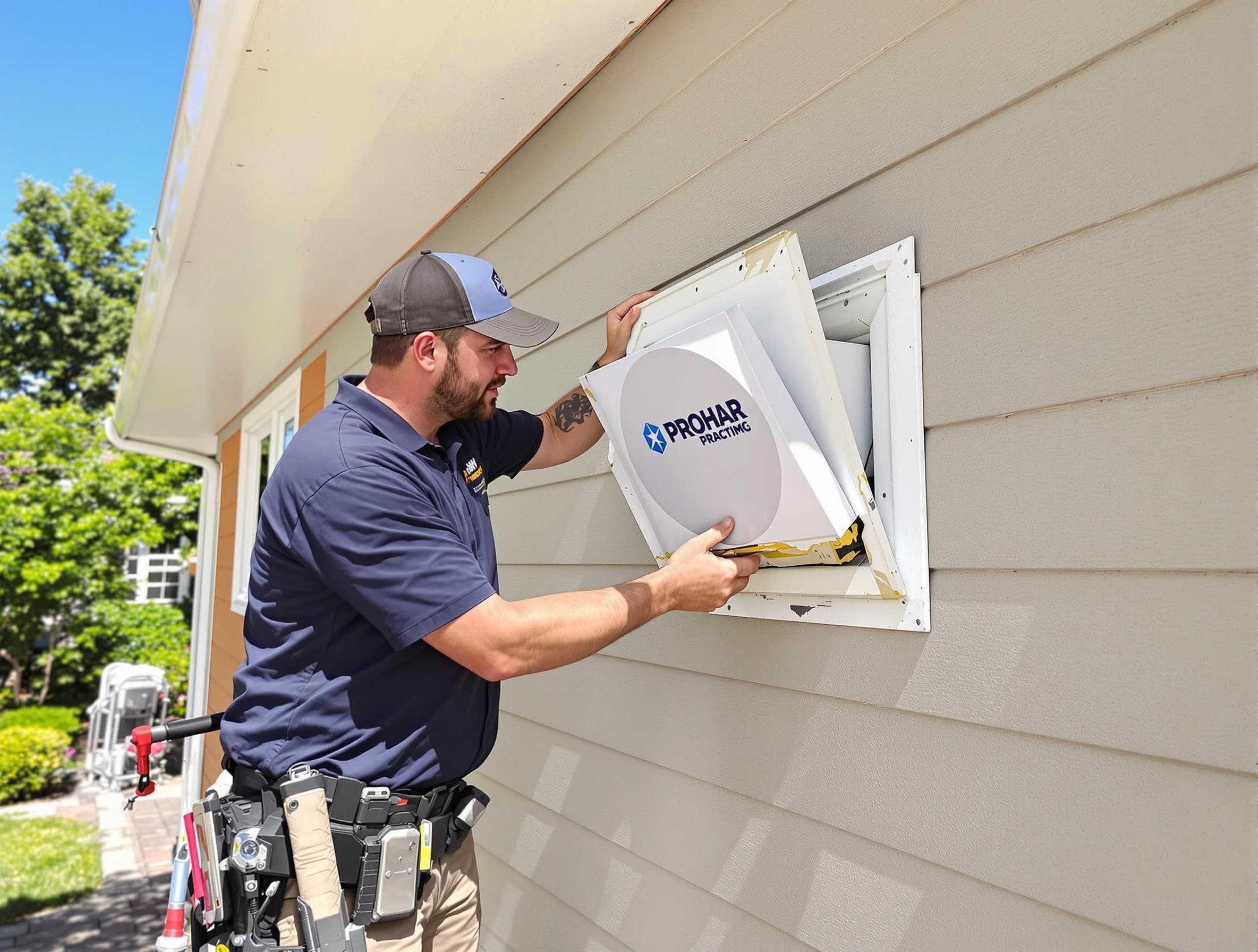 Shrewsbury Dryer Vent Cleaning technician installing a new protective dryer vent cover on a home in Shrewsbury