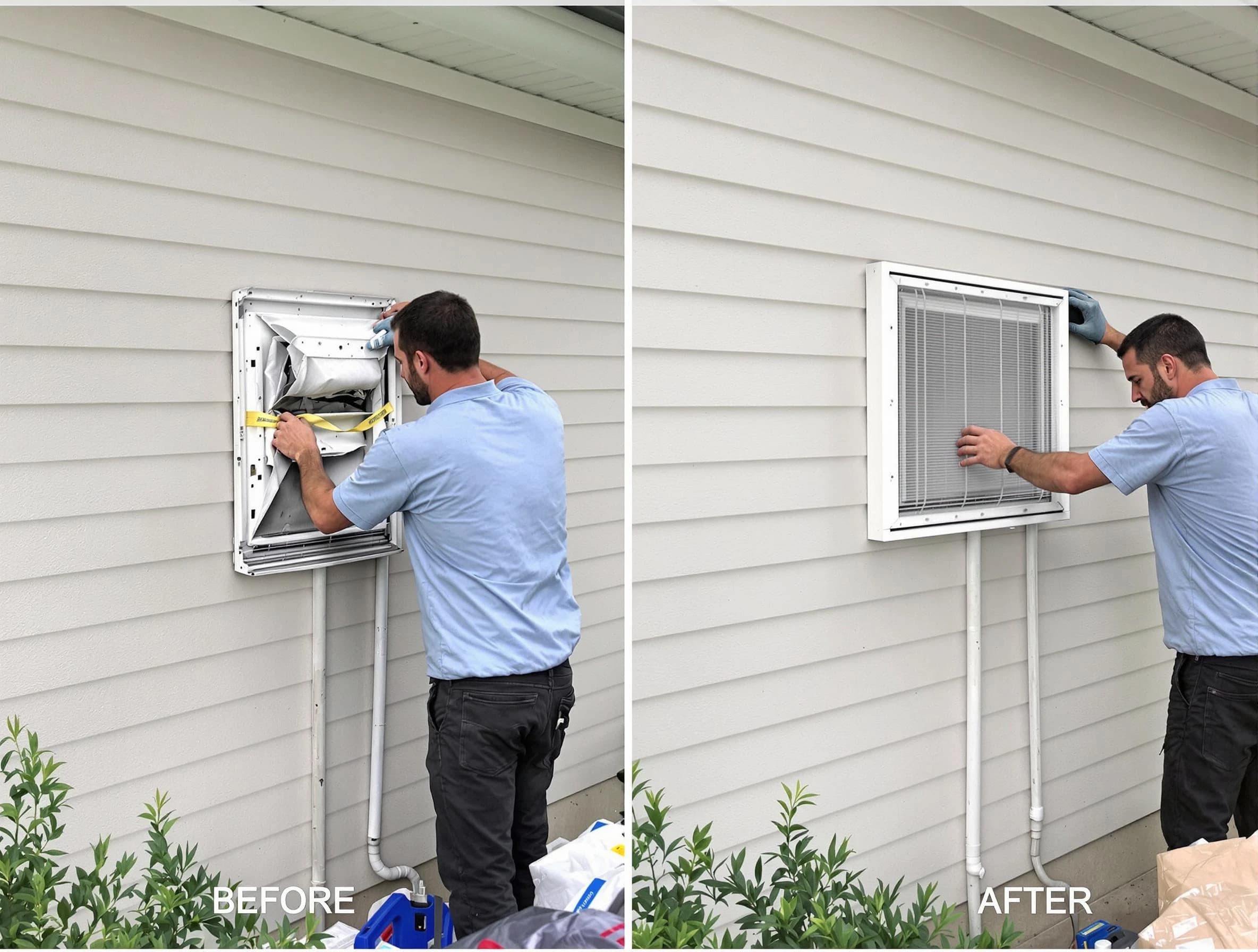 Shrewsbury Dryer Vent Cleaning technician installing high-quality dryer vent cover at a residential property in Shrewsbury