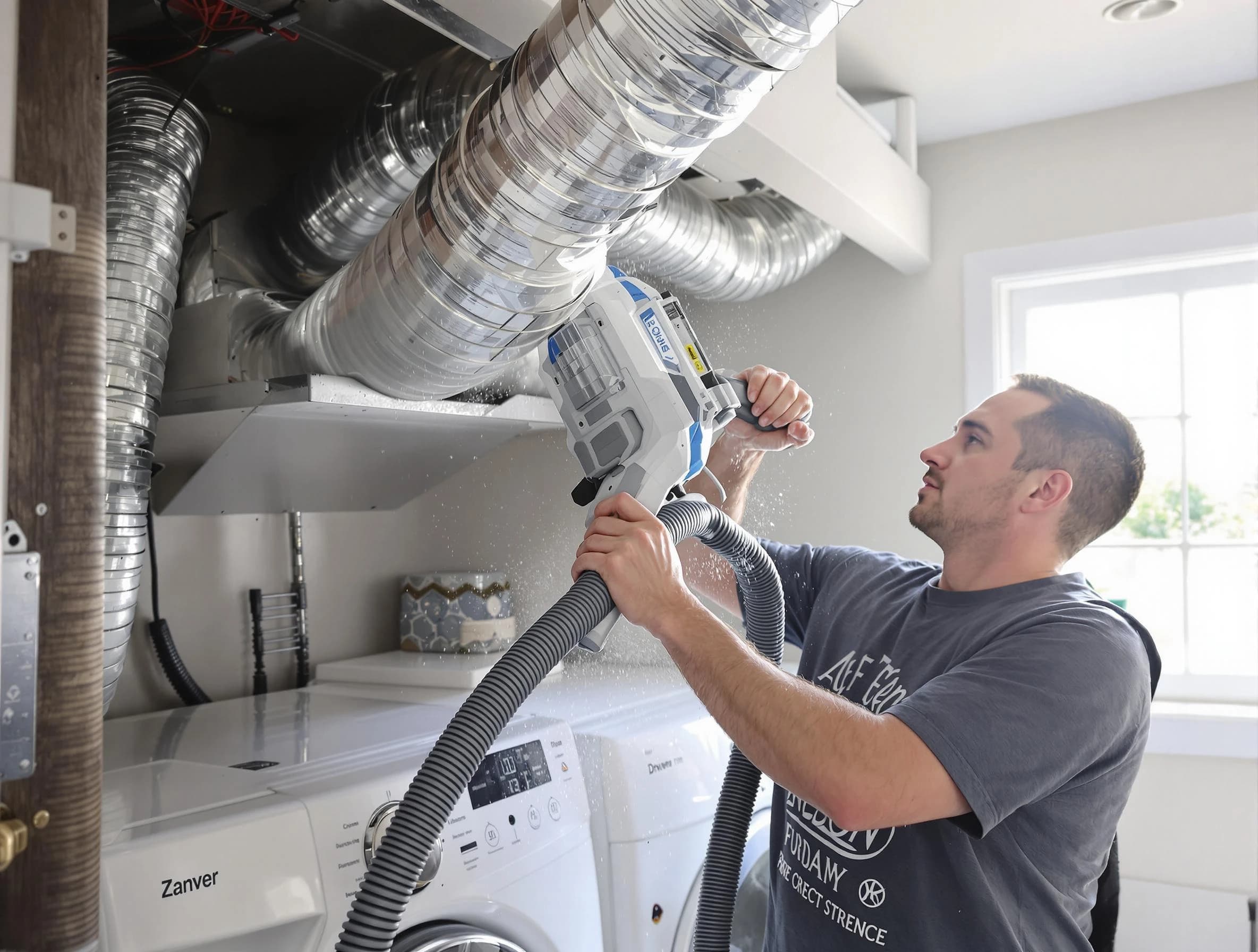 Shrewsbury Dryer Vent Cleaning specialist cleaning deep within a dryer vent duct system in Shrewsbury