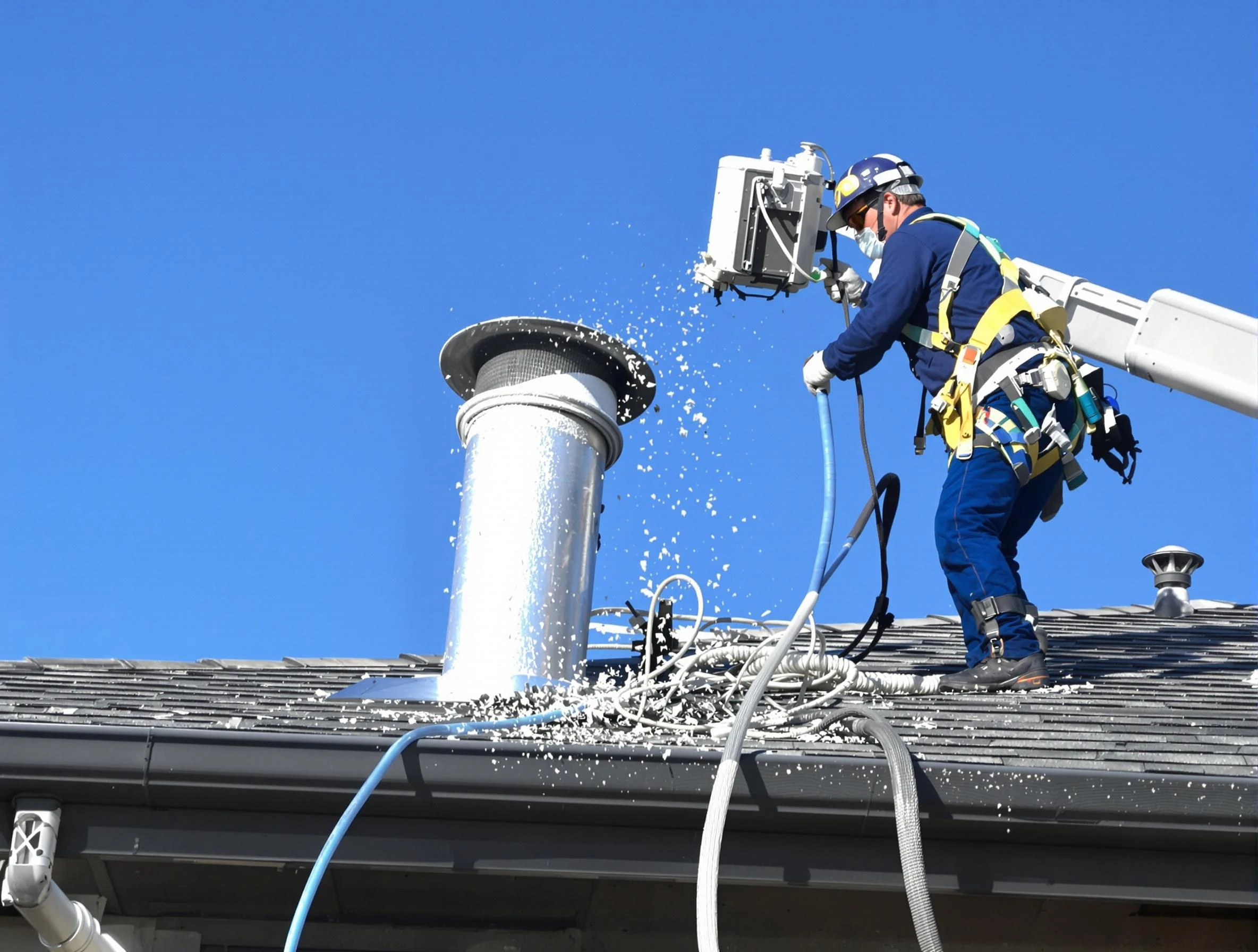 Shrewsbury Dryer Vent Cleaning certified technician safely cleaning a roof-mounted dryer vent in Shrewsbury
